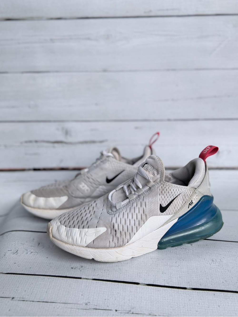 Nike Kids Gray and Blue Air Max 270 Style Sneakers with Pink Heel Tab